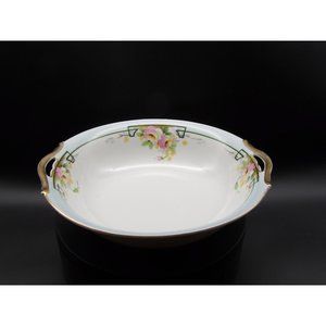 Antique Hand Painted Nippon Handled Serving Bowl Gold Rim Blue Rim Roses Blue Ni